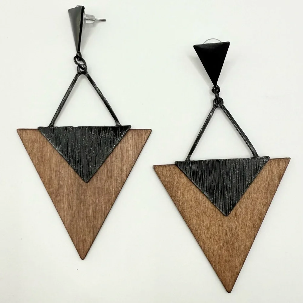 Geometric Wood & Black Triangle Drop Earrings – Boho Statement